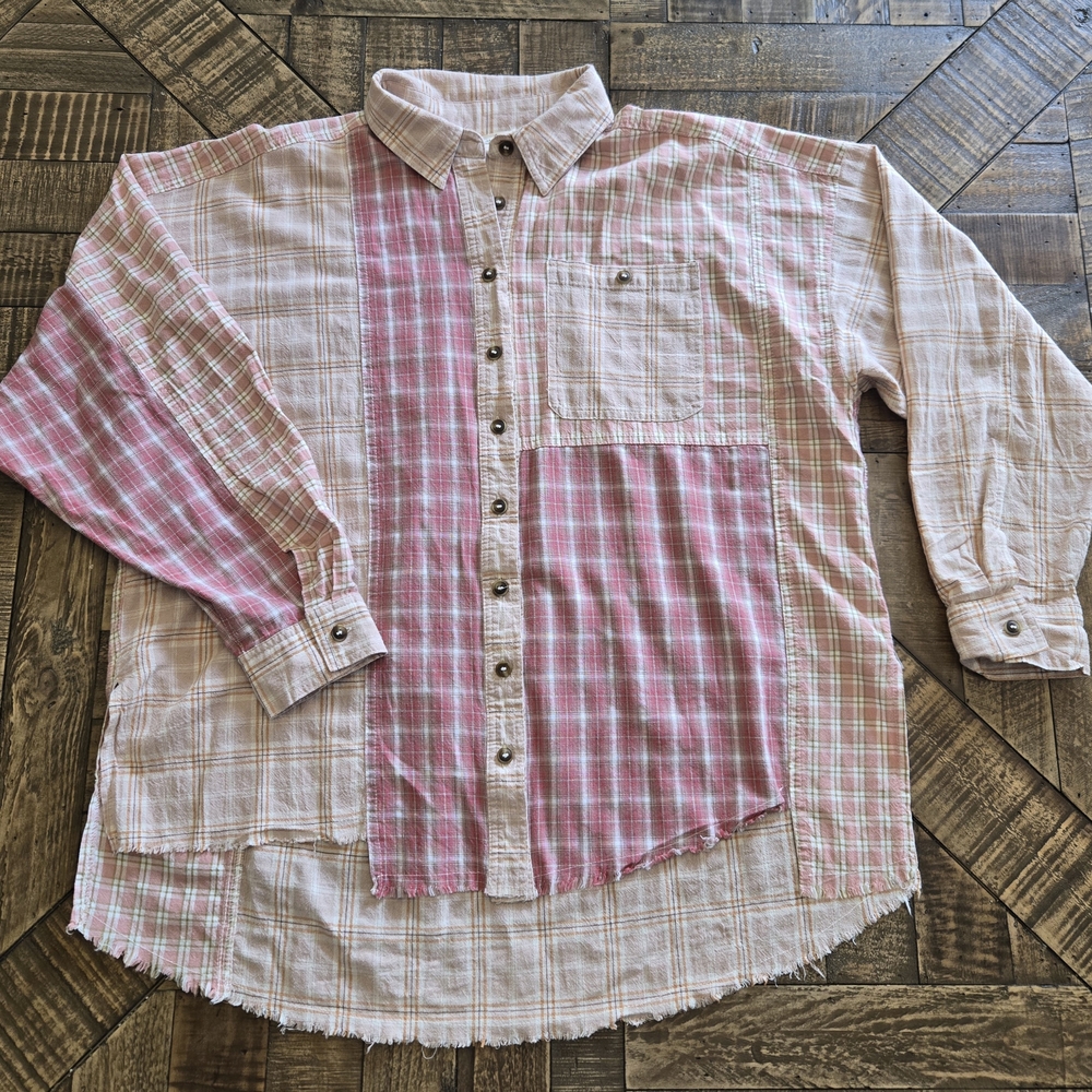 Easel Pink And Cream Patchwork Plaid Button-down Shirt